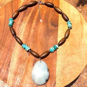 Blue turquoise & wood beaded necklace 11” with a 2” extender